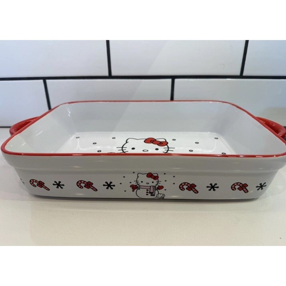 NEW Hello Kitty‎ Christmas Snowman Ceramic Dish Baking 12”x9” Candy Canes Hearts